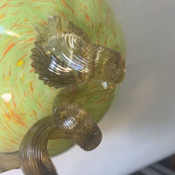 Vintage Art Glass Pumpkin Hand Blown Orange Green Applied Stem Collector Holiday - Picture 5 of 9